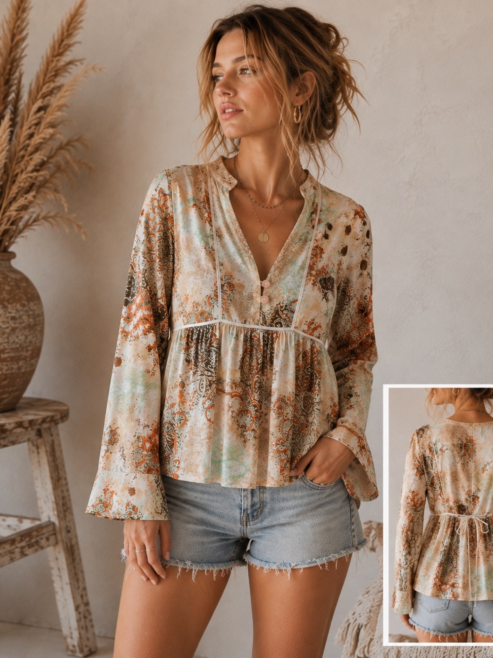 100% Cotton Boho Paisley Peasant Blouse Bell Sleeve
